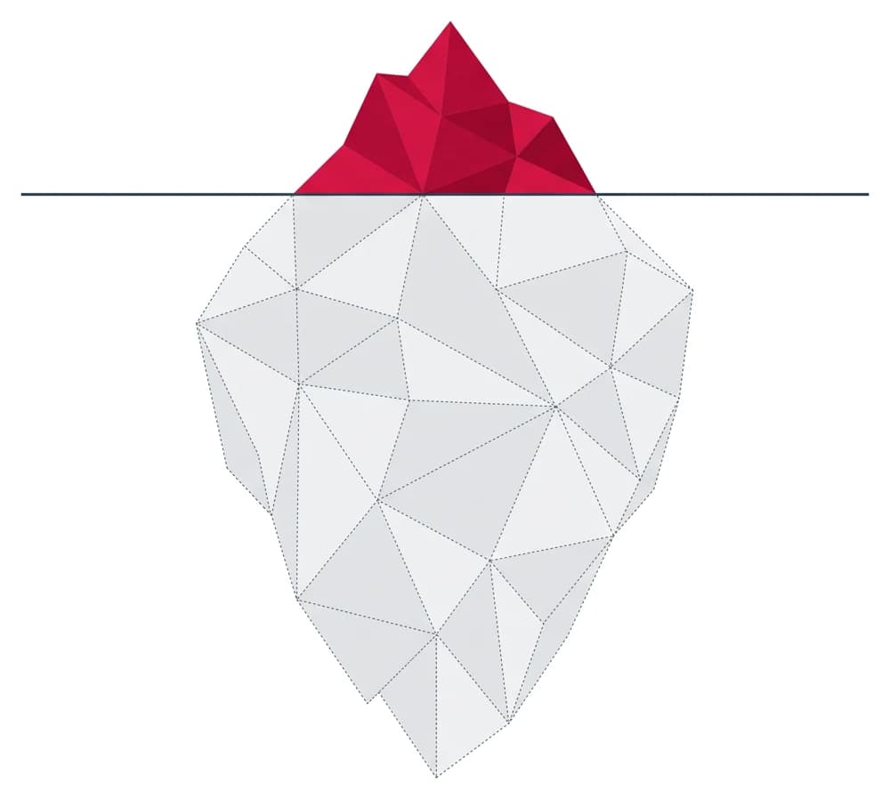 An iceberg: a small red tip above the waterline, a much larger grey mass below it.